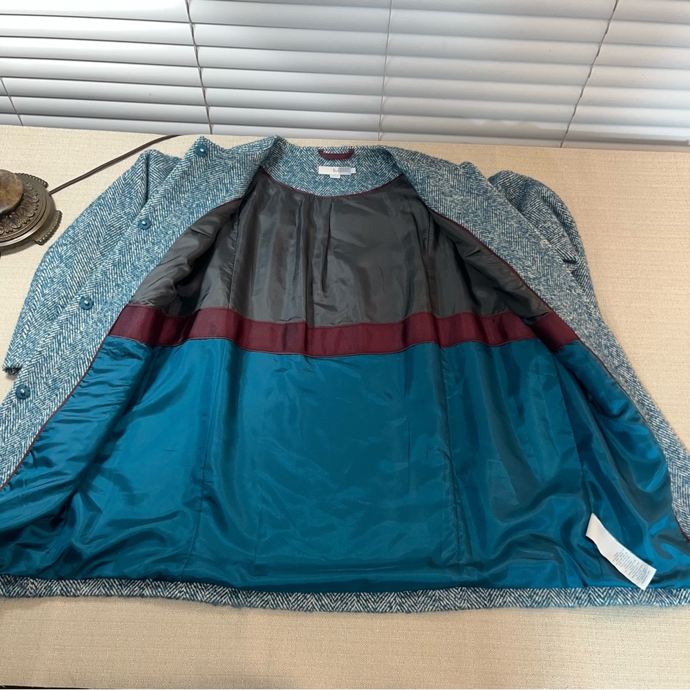 Boden Wool Alpaca Herringbone Coat Teal Blue Collarless Raglan Sleeve Size 8P - Picture 7 of 13